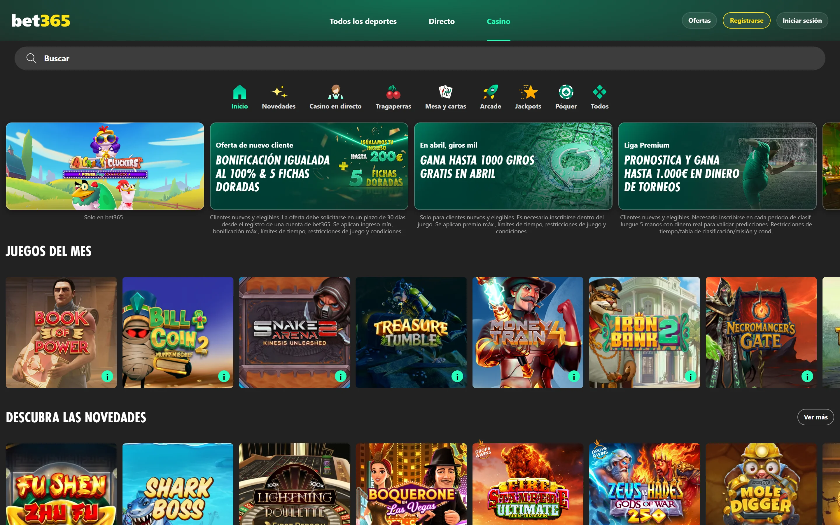 Captura real del casino de bet365.es: tragaperras destacadas, promotions y novedades del mes