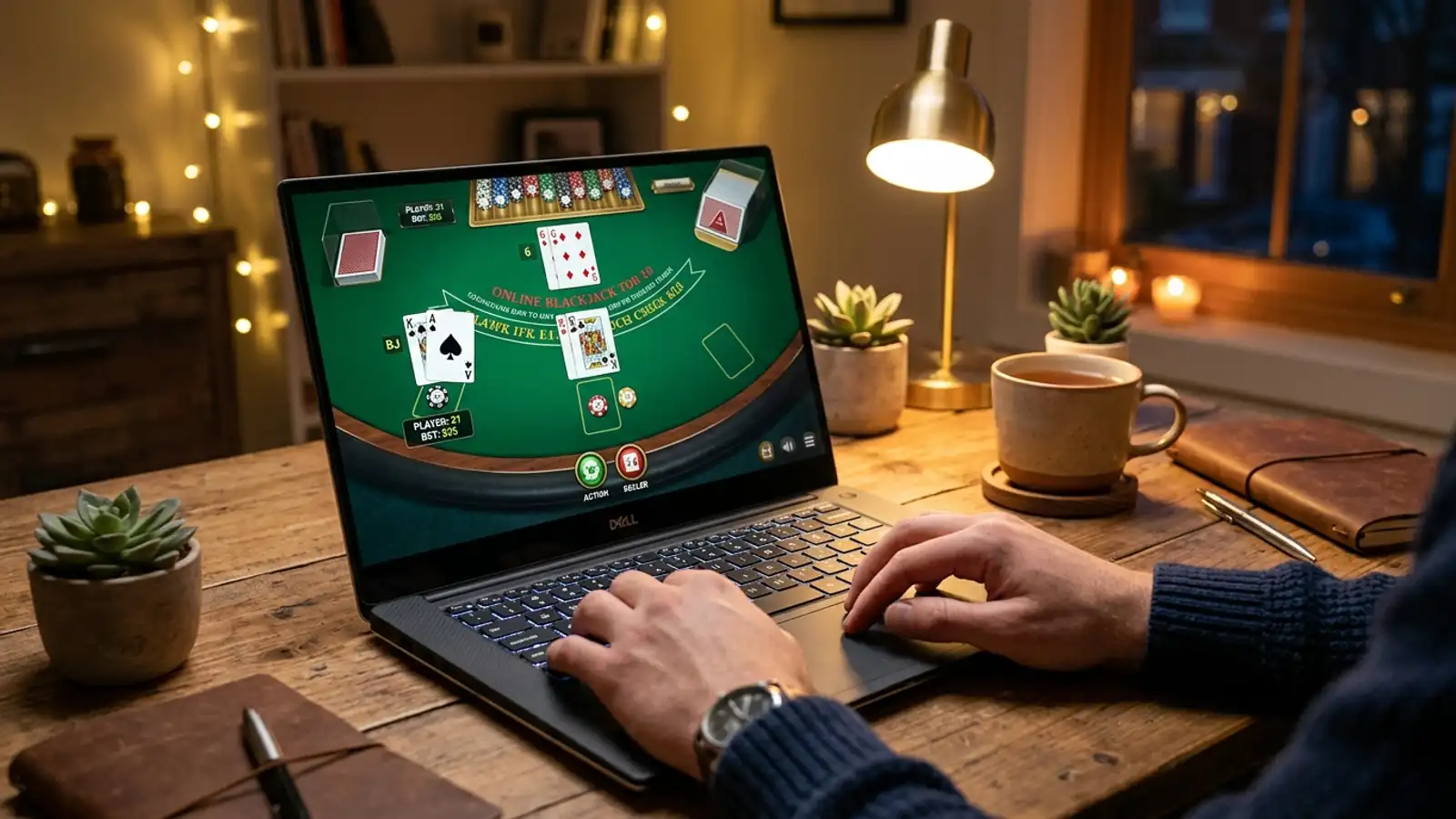 Mesa de blackjack en un casino online con cartas, fichas y la interfaz de bet365 España