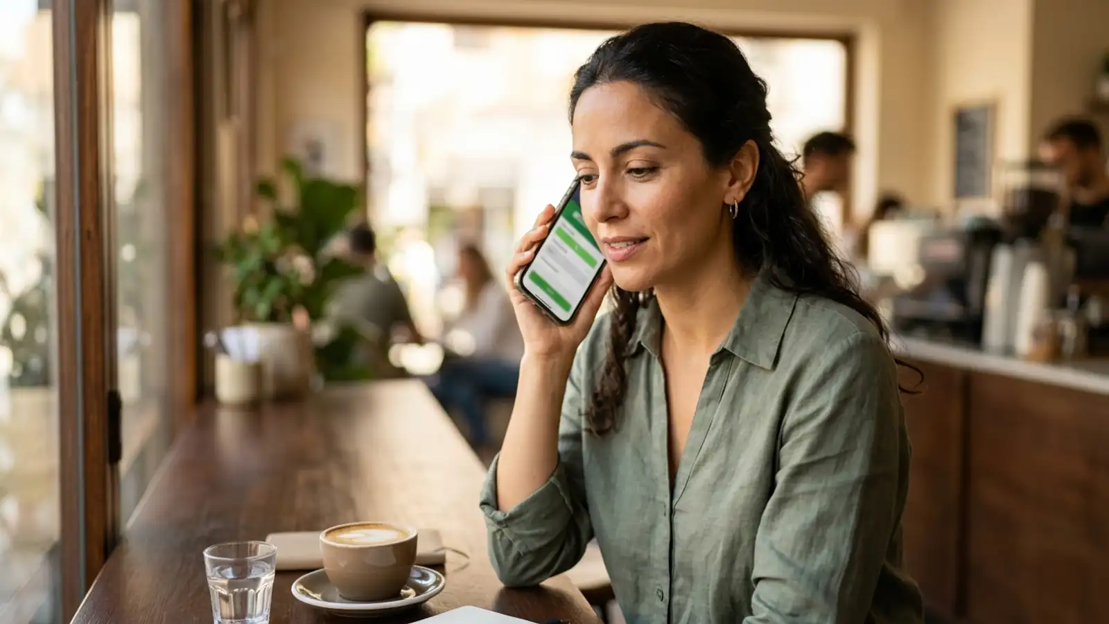 Mujer llamando a una línea de ayuda de juego responsable en una cafetería