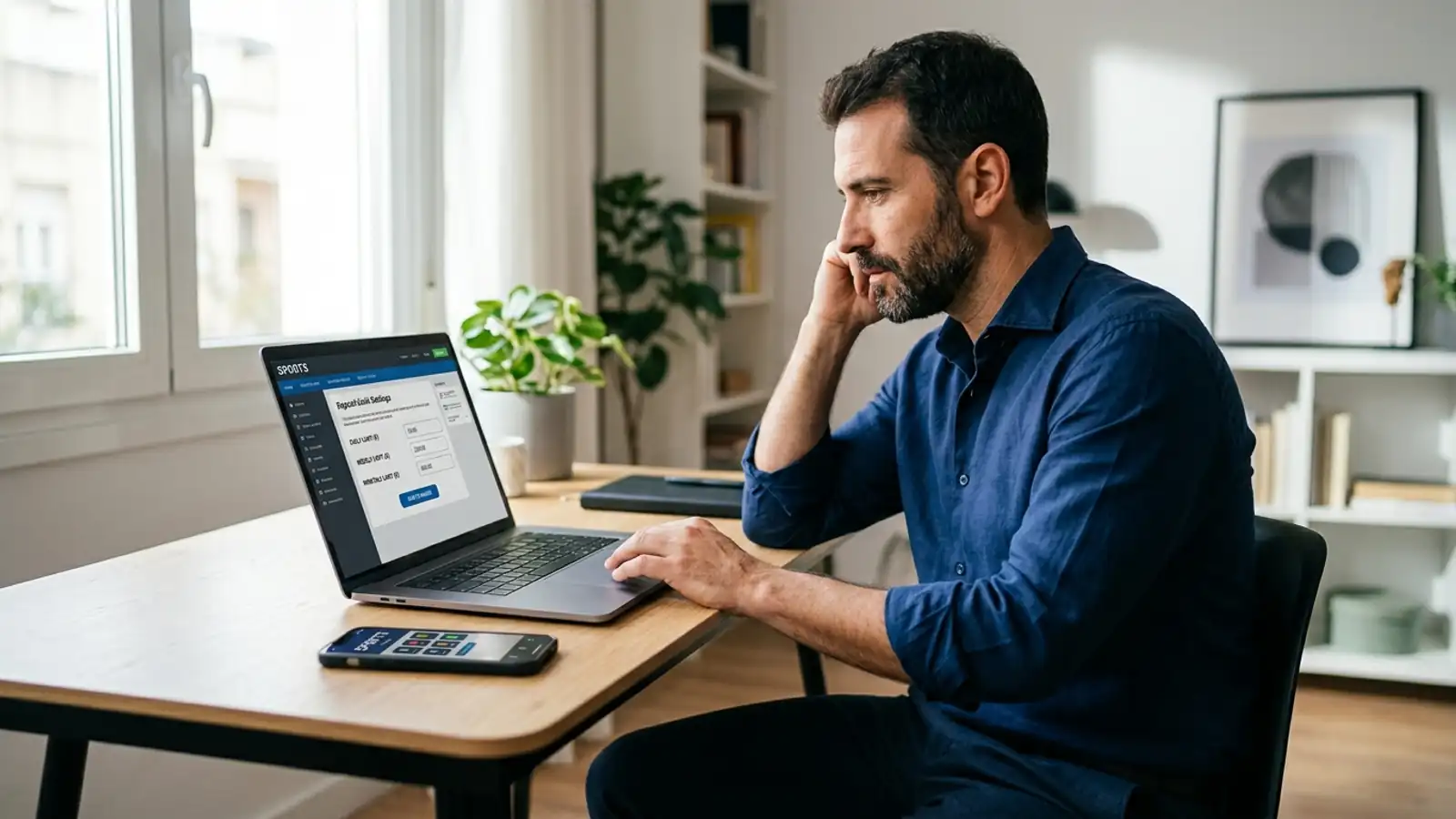 Hombre configurando los límites de depósito en una cuenta de apuestas desde su portátil en casa