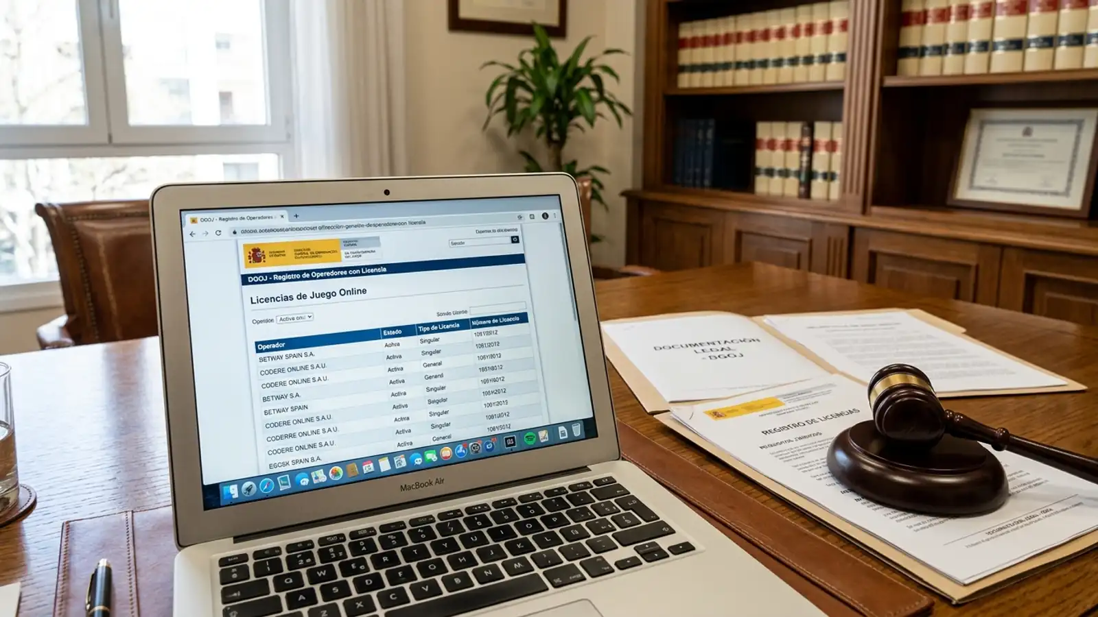 Documentación oficial con el sello de la DGOJ sobre una mesa junto a un ordenador portátil