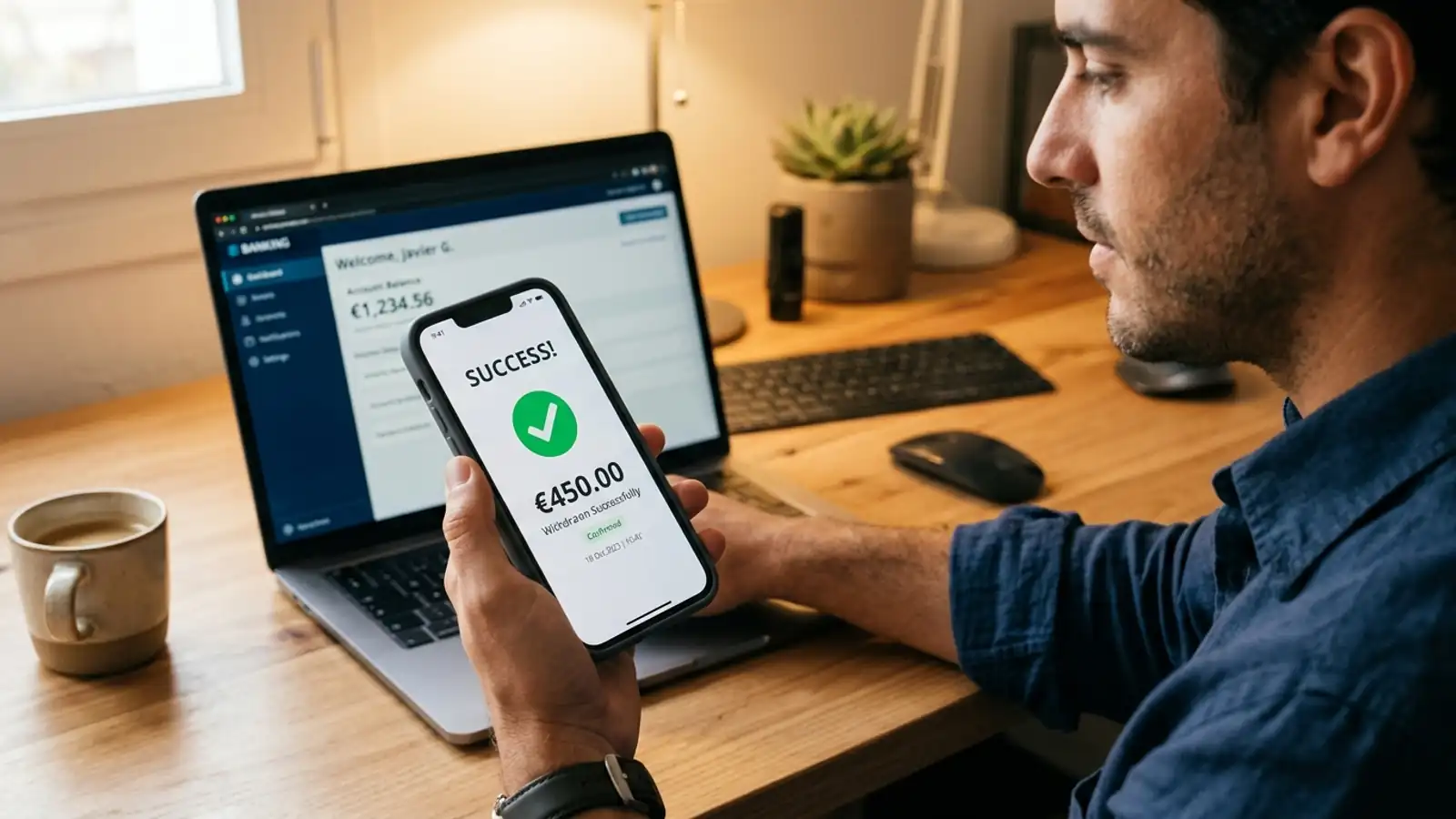 Usuario gestionando una retirada en su cuenta de bet365 desde el móvil