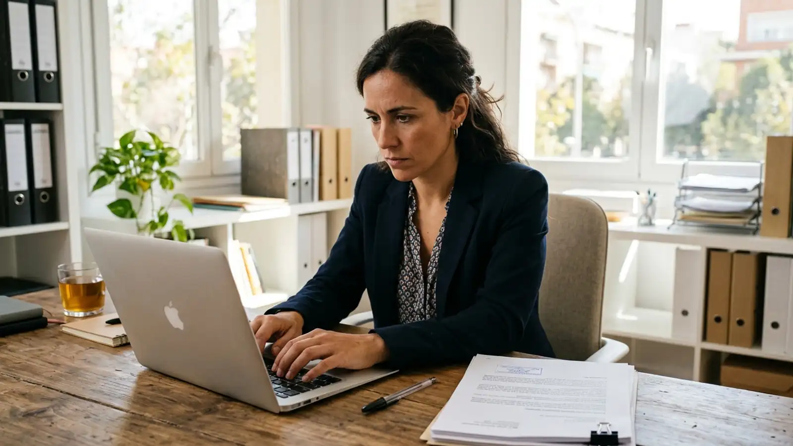Escritorio con documentos de reclamación, portátil mostrando la sede electrónica de DGOJ y carpeta con capturas de pantalla