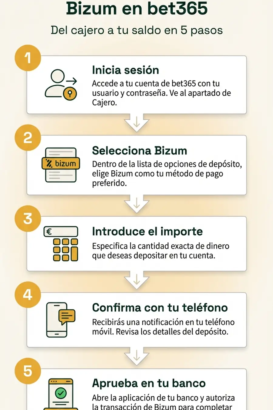 Infografía: 5 pasos para depositar con Bizum en bet365 — desde iniciar sesión hasta aprobar en tu banco